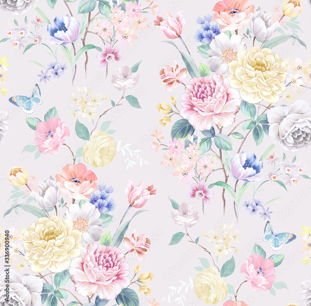 Watercolor seamless pattern with rose flowers. Perfect for