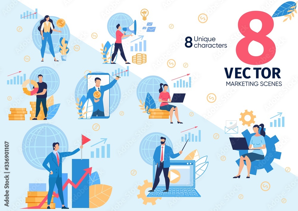Business Trainer, Successful Businessman, Company Leader and Financial Analyst Life Scenes, Situations, Digital Marketing, Online Ads, Financial Success Concepts Trendy Flat Vector Illustrations Set