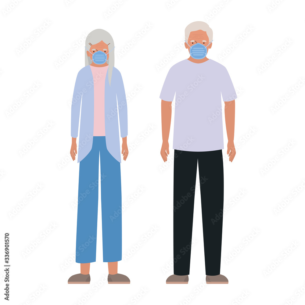 Elder woman and man with masks against Covid 19 vector design