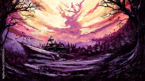 A fairy-tale winter forest with a small town on a hill, against a yellow-pink sky in which the silhouette of a deer spirit was formed from clouds.  2D illustration.