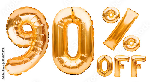 Golden ninety percent sale sign made of inflatable balloons isolated on white. Helium balloons, gold foil numbers. Sale decoration, black friday, discount concept. 90 percent off, advertisement. photo