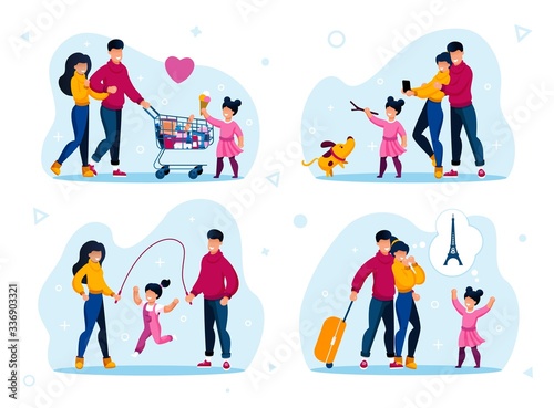 Happy Family Daily Life Situations, Recreational Activities Trendy Flat Vector Set. Parents with Child Shopping Together, Playing with Dog, Jumping on Rope, Making Photos, Planning Trip Illustration