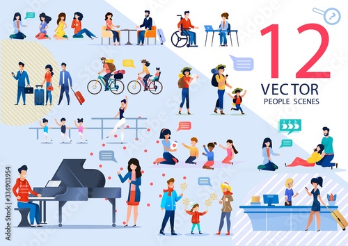 People Active Lifestyle and Relationships, Kids Education, Childbirth Prepare Trendy Flat Vector Scenes Set. Pregnant Women, Traveling Couple, Learning Children, Tourists Characters Illustrations