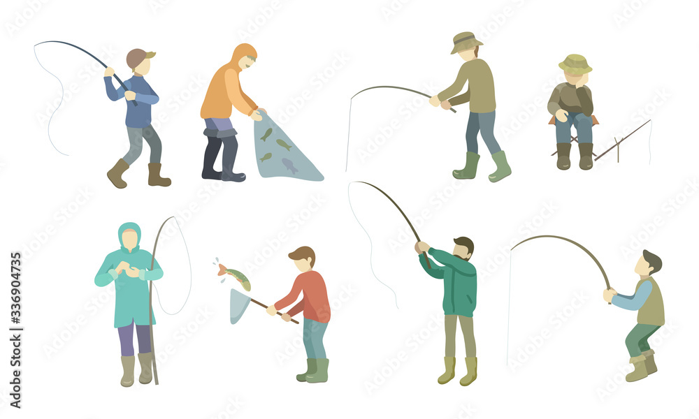 Set of fishermen catch fish with rods and nets. Vector illustration in flat cartoon style. Set of fishermen catch fish with rods and nets. Vector illustration in flat cartoon style.