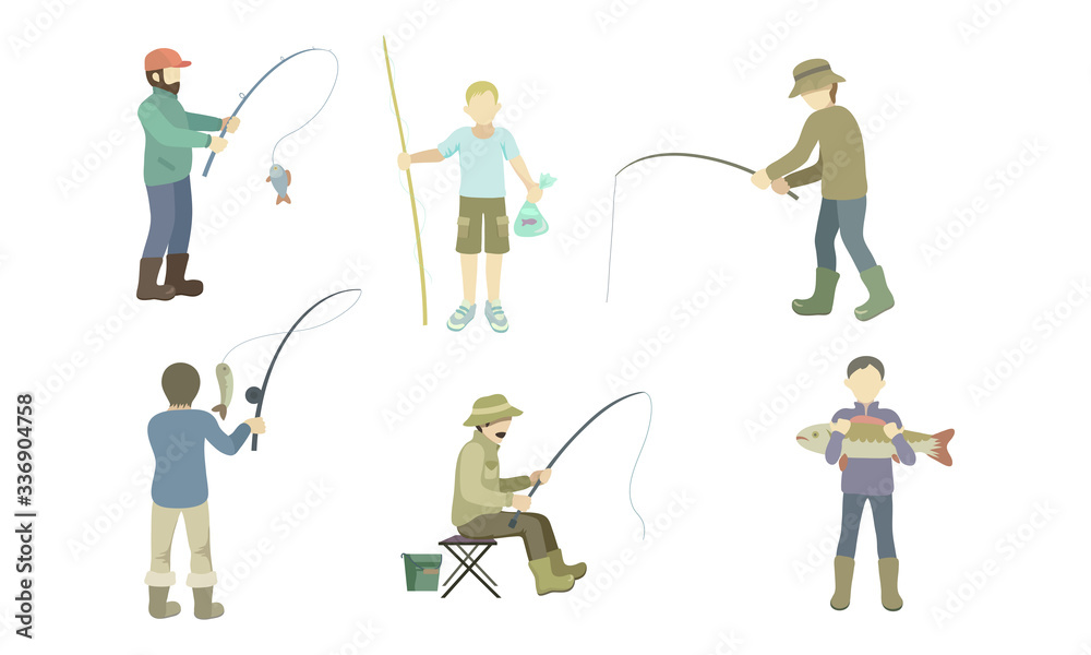 Set of fishermen catch fish with rods and nets. Vector illustration in flat cartoon style.
