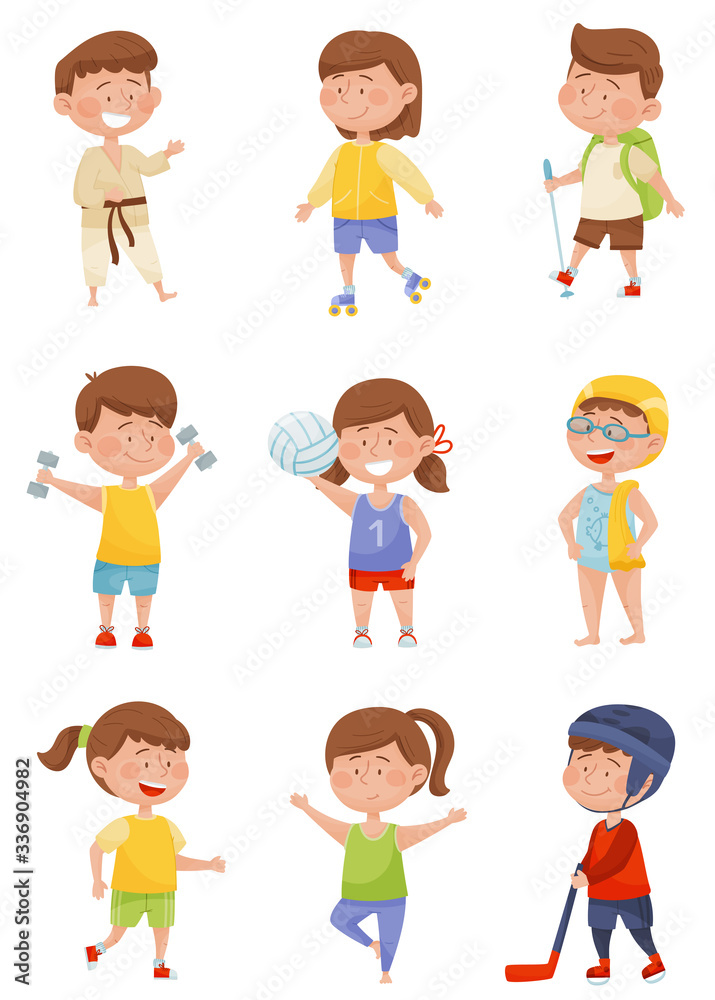 Energetic Children Doing Different Kind of Sport Vector Illustrations Set