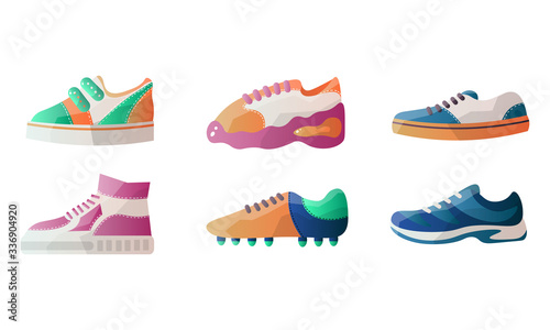 Set of different types of modern sport sneakers for everyday wear. Vector illustration in flat cartoon style.