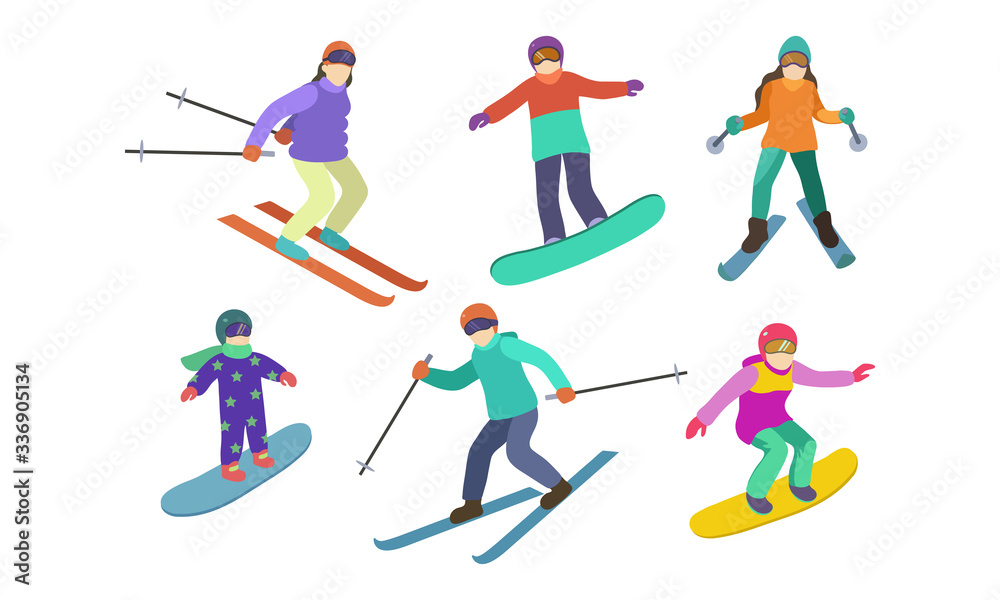 Set of different skiers and snowboarders characters. Vector illustration in flat cartoon style.