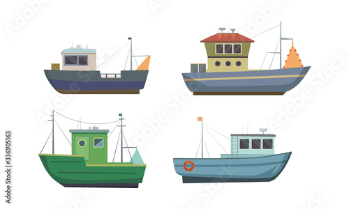 Set of commercial sea fishing trawlers vessels. Vector illustration in flat cartoon style.