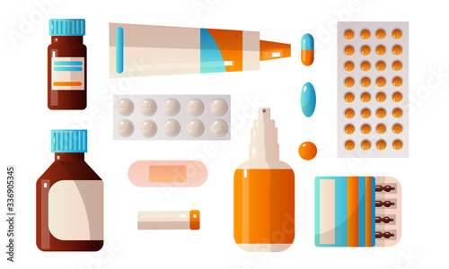 Set of medical first aid kit drugs that contain various pills  potions  drops  ampoules. Vector illustration in a flat cartoon style.