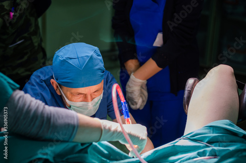 Surgeon doctor in operating room during gynecological biopsy