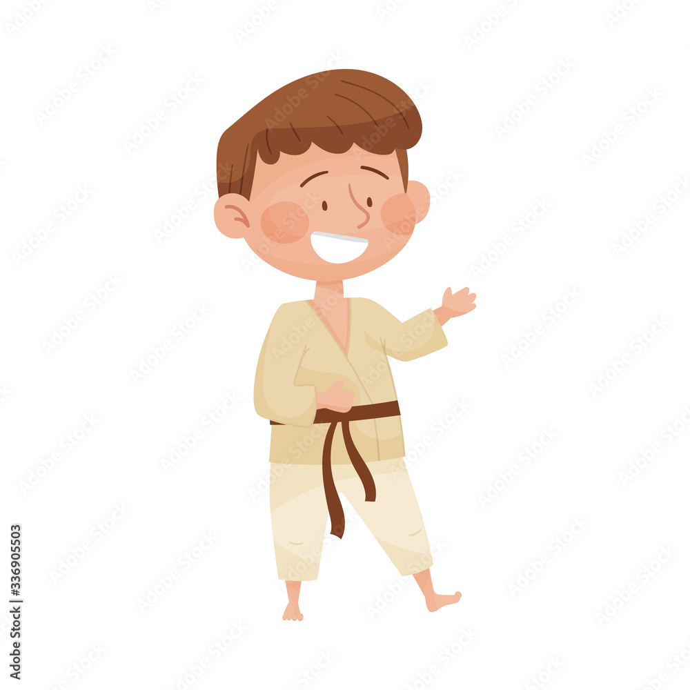 Happy Boy in Sport Wear Doing Karate Vector Illustration