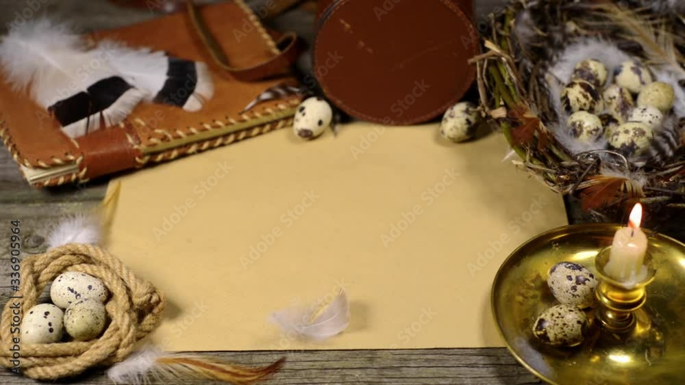 Vintage mock up. Closeup candlestick with burning candle, quail eggs
