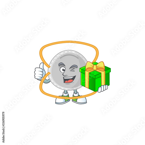 Smiley N95 mask cartoon character holding a gift box