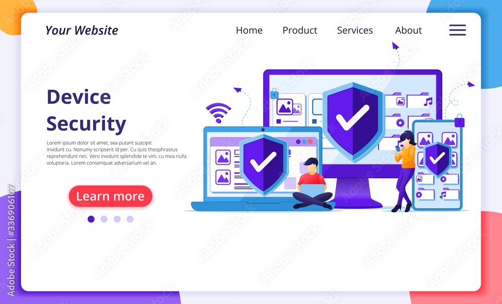 Device security concept, People on giant gadget device with shield. Modern flat web page design for website and mobile website development. Vector illustration Device security concept, People on giant gadget device with shield. Modern flat web page design for website and mobile website development. Vector illustration
