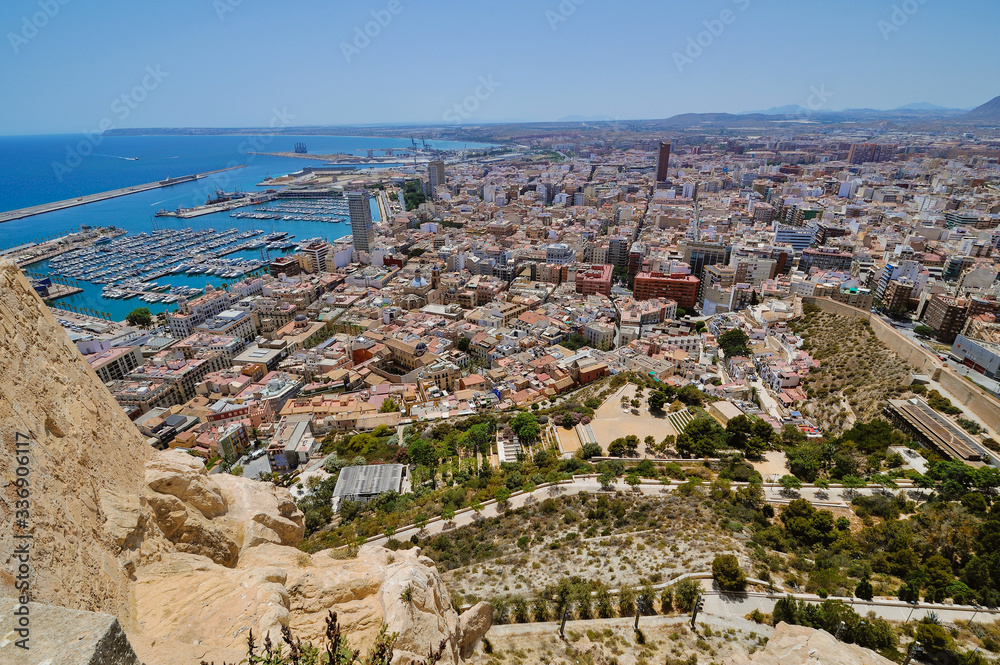 Panoramic aerial view of the famous tourist city of Alicante, Catalonia, Spain