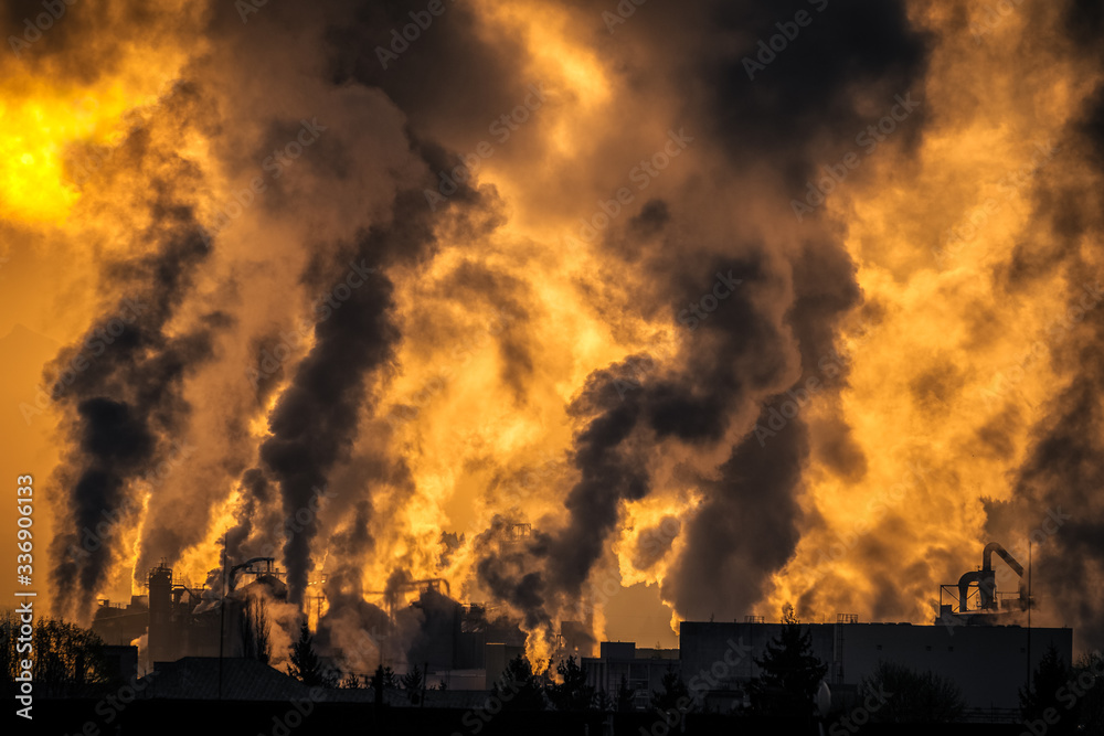 Factory steam smoke. Air pollution