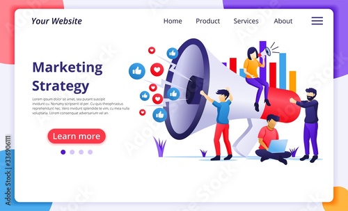 Marketing strategy campaign concept, people holding and shout on giant megaphone for promotion and sales program. Modern flat web page design for website and mobile development. Vector illustration