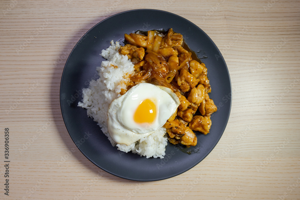 A plate of teriyaki chicken and fried egg with white rice. A plate of teriyaki chicken and fried egg with white rice.