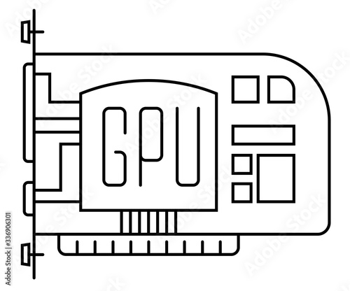 Video card thin line vector icon. GPU rendering, computer graphics card illustration