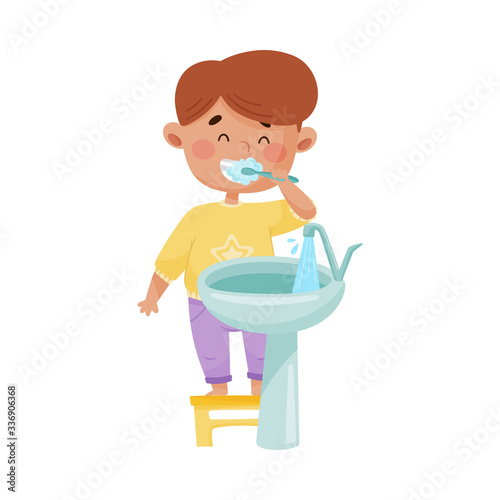 Little Boy Brushing His Teeth Standing on Stool in Front of the Sink Vector Illustration