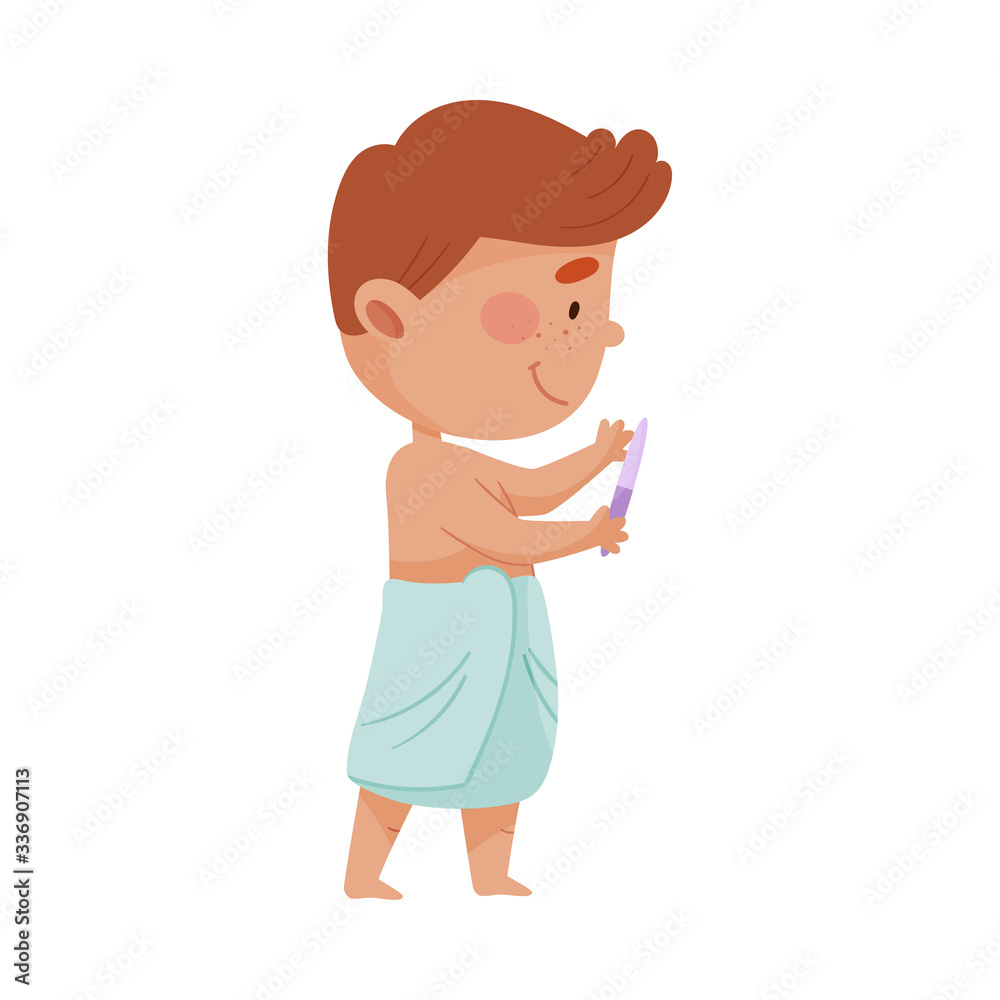 Little Boy Standing with Towel Wrapped Around His Body and Doing His Nails Vector Illustration