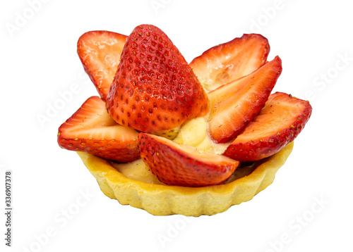 Strawberry tart : French dessert tart with Strawberry fruit closeup isolated on white background.