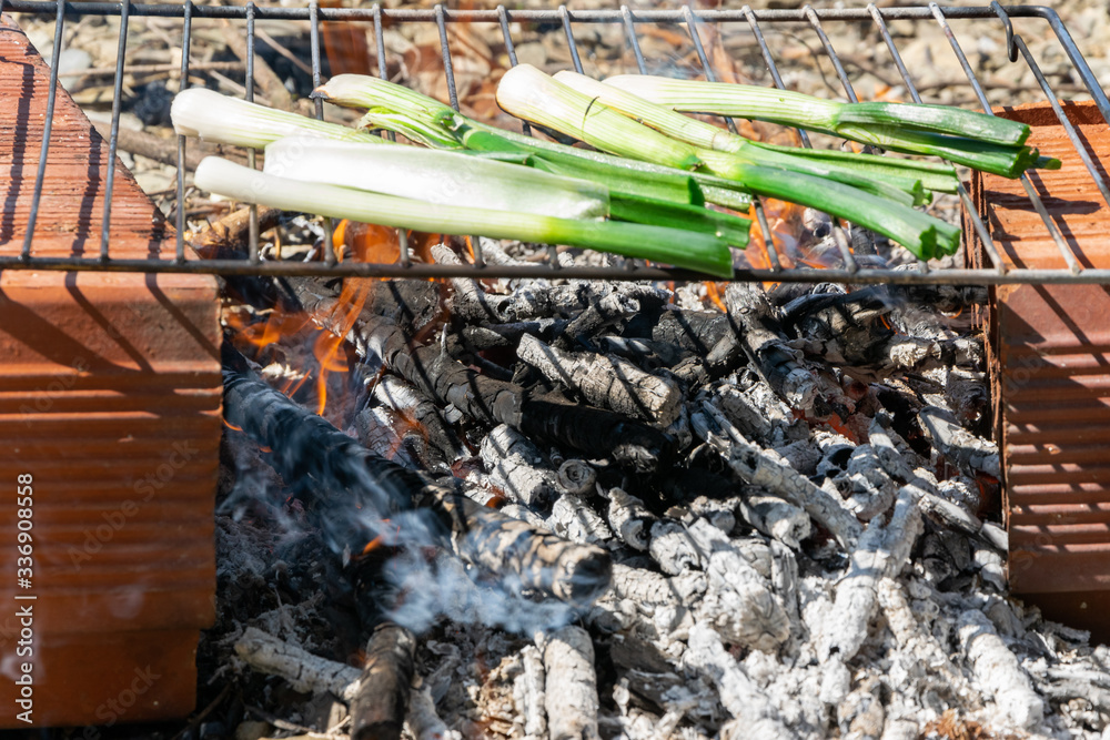Obraz premium Roasted vegetables, outdoors barbecue cooking of fresh green onions.