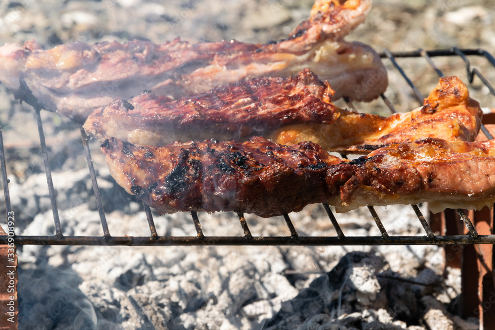 Roasted beef meat, outdoors barbecue cooking, protein grilled meal Roasted beef meat, outdoors barbecue cooking, protein grilled meal