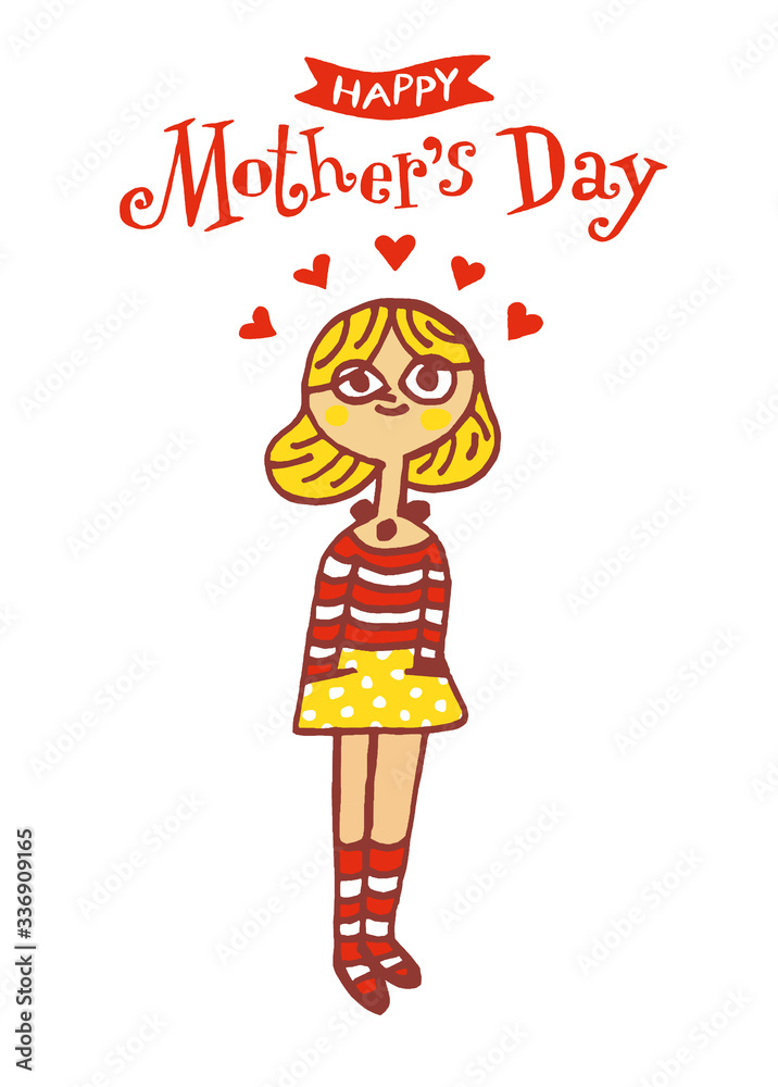 Happy Mother's Day, lettering with small hearts, hand drawn mother daughter character Happy Mother's Day, lettering with small hearts, hand drawn mother daughter character