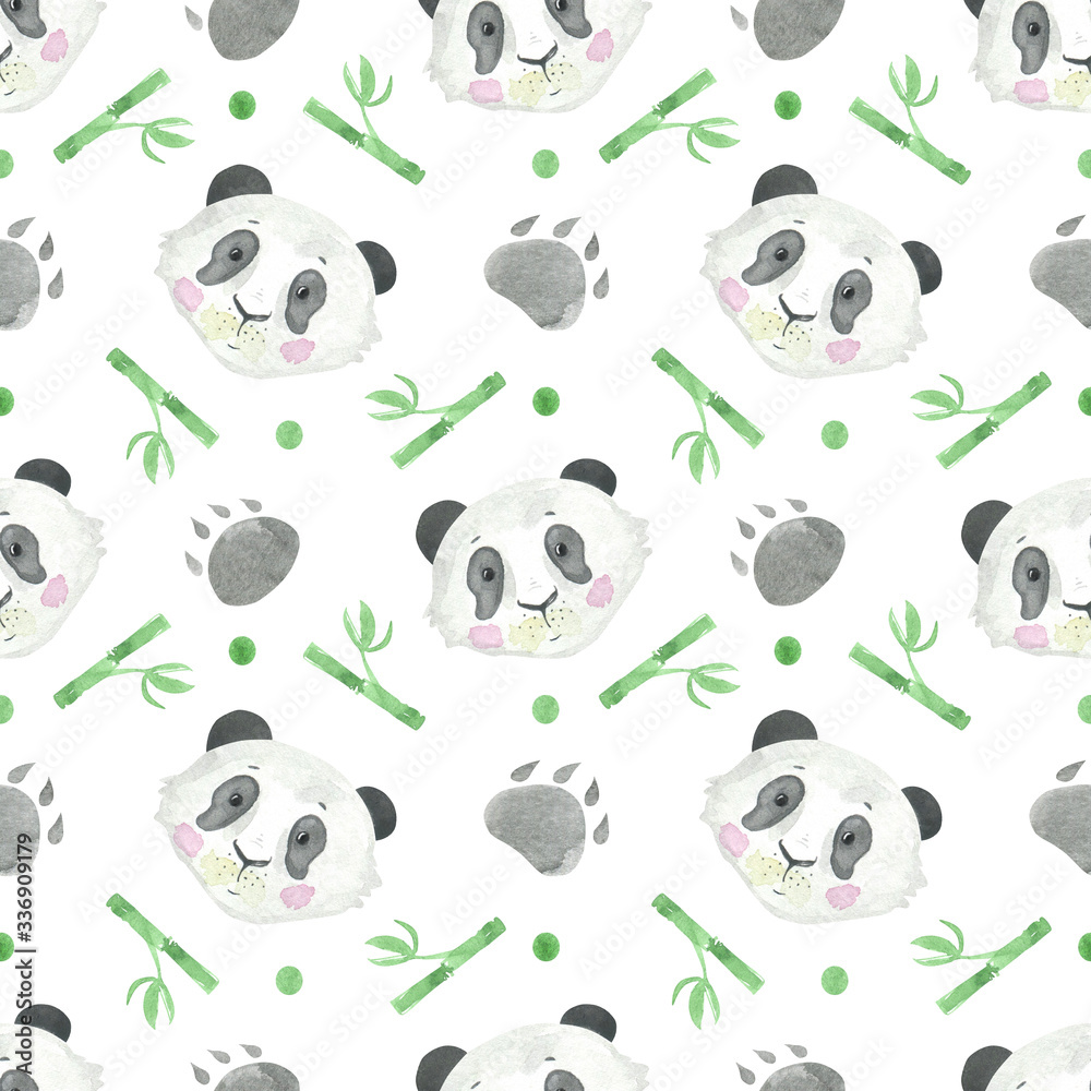 Seamless pattern watercolor panda baby and bamboo background