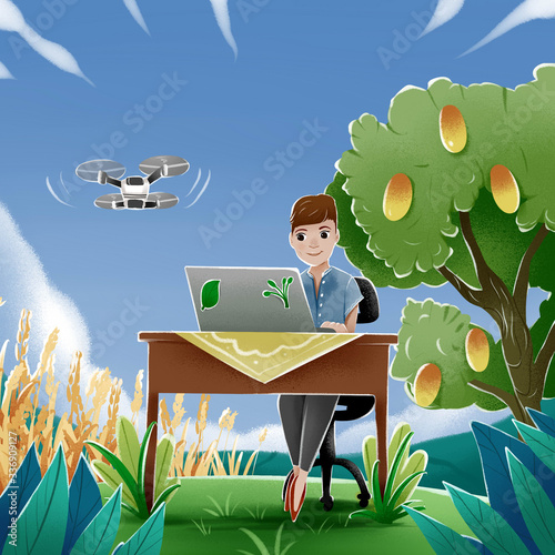 illustration of a teenager working on their laptop in the wheat fields and mango trees. for children's books