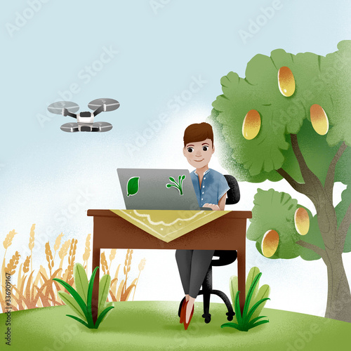 illustration of a teenager working on their laptop in the wheat fields and mango trees. for children's books