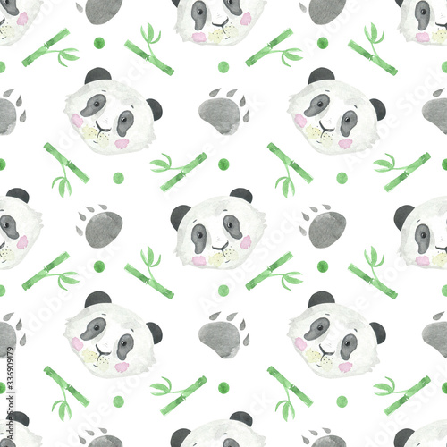 Fototapeta Naklejka Na Ścianę i Meble -  Seamless pattern watercolor panda baby and bamboo background