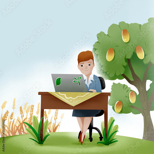 illustration of a teenager working on their laptop in the wheat fields and mango trees. for children's books photo