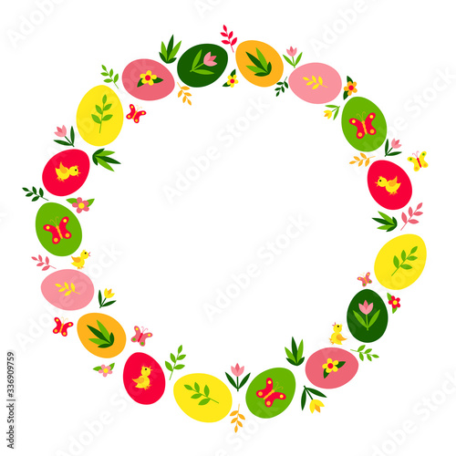 Easter wreath of multi-colored eggs with drawings, flowers, twigs, plants, butterflies and chickens. Festive vector illustration. Greeting card. Isolated objects on a white background. Copy space.