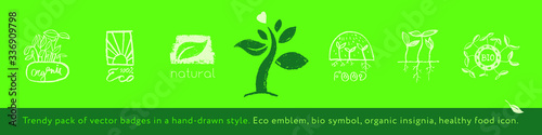 Organic food logo. Healthy eating product icons. Vintage vegan badges with hand-drawn leaves. Trendy vector emblems for bio-agriculture, vegetarian logo, natural cosmetics, eco-friendly label design. 