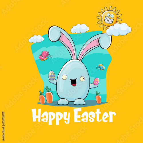 Happy easter greeting card with funny cartoon smiling blue bunny . Easter hand drawn banner or poster with funky rabbit.