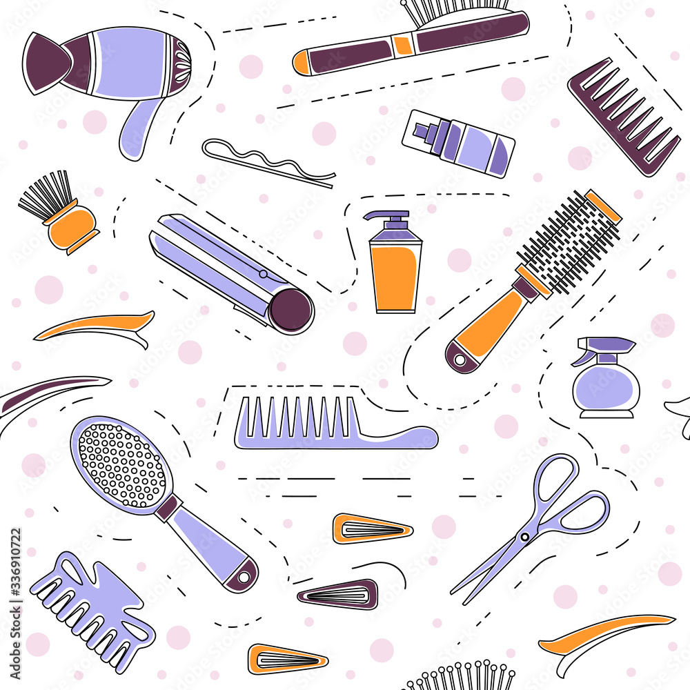 Outline seamless pattern of professional hairdresser and barber equipment tools hairdressing tools scissors hairpin vector illustration on white background