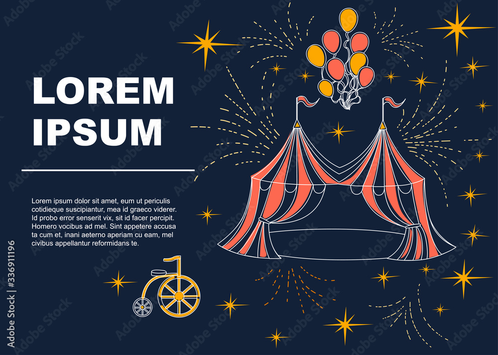 Outline circus icon red tent linear style advertising flyer design flat vector illustration on white background Outline circus icon red tent linear style advertising flyer design flat vector illustration on white background
