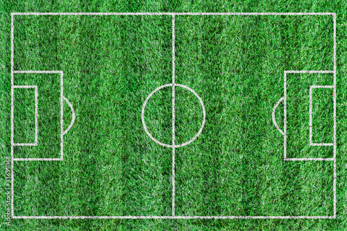 Top view stripe grass soccer field. Green lawn with white lines pattern background.