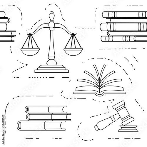 Seamless pattern justice scales and wooden judge gavel law hammer sign with books of laws legal law and auction symbol flat vector illustration on white background outline style