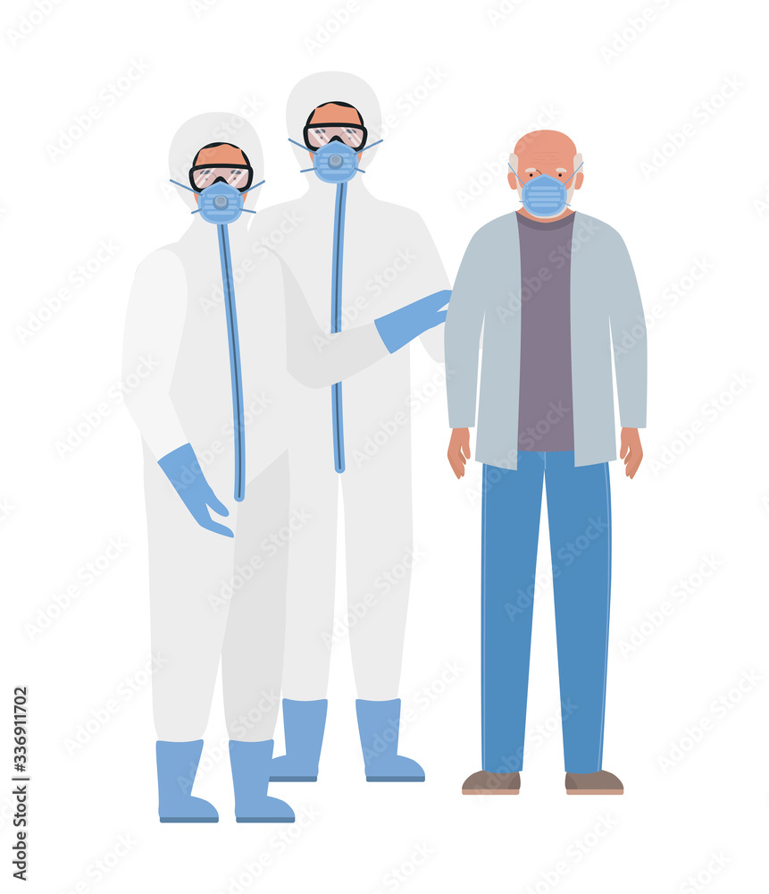 Elder man with mask and doctors with protective suits against Covid 19 vector design