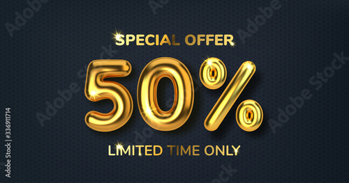 50 off discount promotion sale made of realistic 3d gold balloons. Number in the form of golden balloons. Template for products, advertizing, web banners, leaflets, certificates and postcards. Vector