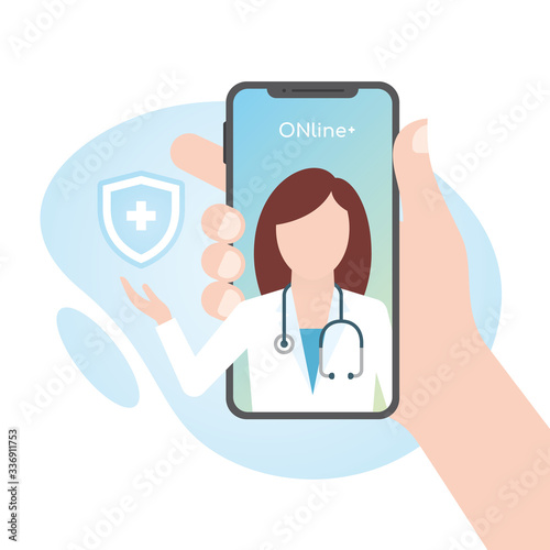 Vector hand holding smartphone. Inside is an online doctor who helps with prevention. Isolated on white background.
