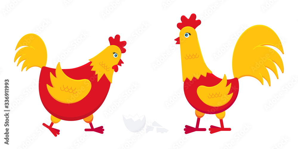 Fototapeta premium Yellow and red chicken with broken egg and a rooster cock flat style design vector illustration. Chicken farming poultry symbol icon signs. Domestic bird isolated on white background.