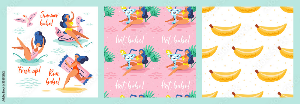 Summer run babe. Fresh up. Hot babe. Little yellow bananas. Summer seaside beach pool party. Wild animal, freedom. Set of postcards. Flat colourful vector illustration isolated on pink background.