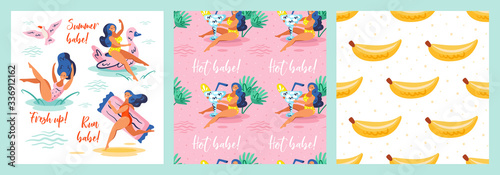 Summer run babe. Fresh up. Hot babe. Little yellow bananas. Summer seaside beach pool party. Wild animal, freedom. Set of postcards. Flat colourful vector illustration isolated on pink background.