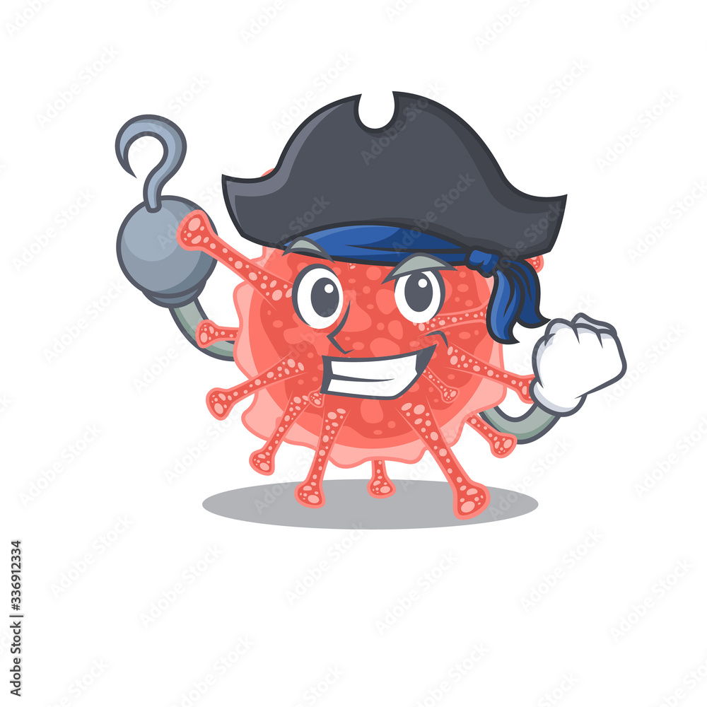 Oncovirus cartoon design style as a Pirate with hook hand and a hat