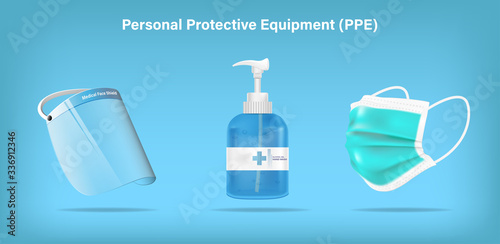 Isolated medical personal protective equipment face shield, mask, and alcohol gel on background. Pandemic covid-19 virus and protection coronavirus concept. Vector illustration design.